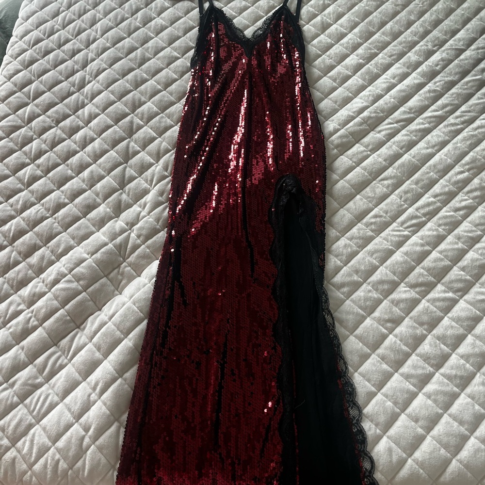 AKIRA Red Sequin Maxi Slip Dress with Black Lace Trim - Picture 2 of 6
